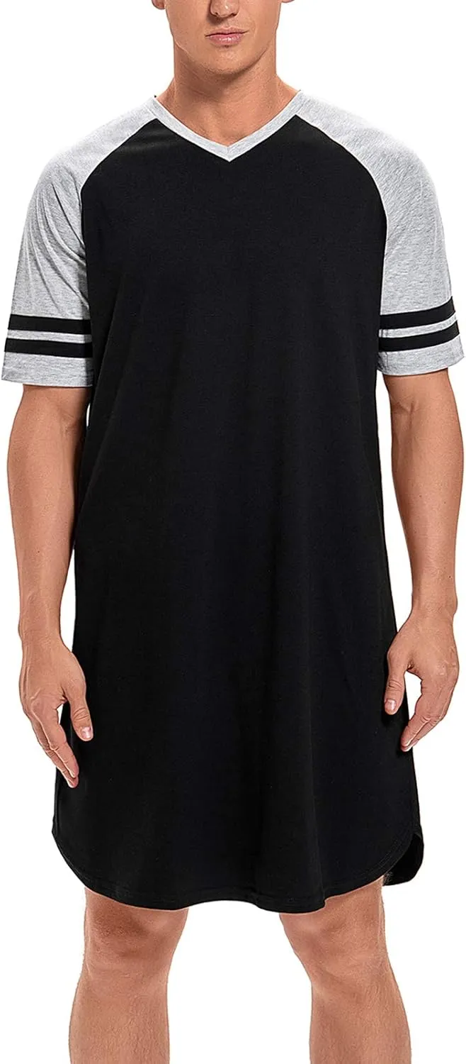 MINTLIMIT Men's Cotton Nightwear Long Night Shirts Short Sleeve Sleepwear Pockets Nightgown Big&Tall Soft Sleep Shirt M-XXXL