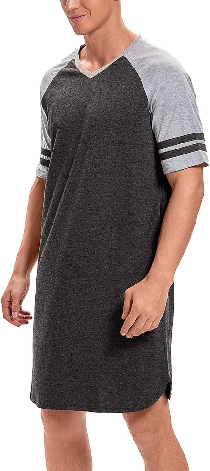 MINTLIMIT Men's Cotton Nightwear Long Night Shirts Short Sleeve Sleepwear Pockets Nightgown Big&Tall Soft Sleep Shirt M-XXXL