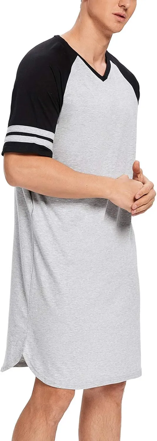 MINTLIMIT Men's Cotton Nightwear Long Night Shirts Short Sleeve Sleepwear Pockets Nightgown Big&Tall Soft Sleep Shirt M-XXXL