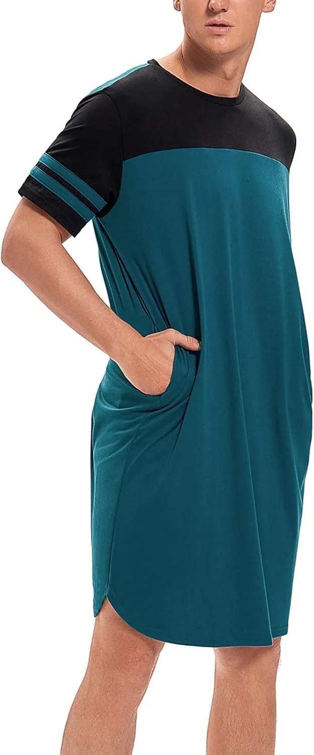 MINTLIMIT Men's Cotton Nightwear Long Night Shirts Short Sleeve Sleepwear Pockets Nightgown Big&Tall Soft Sleep Shirt M-XXXL