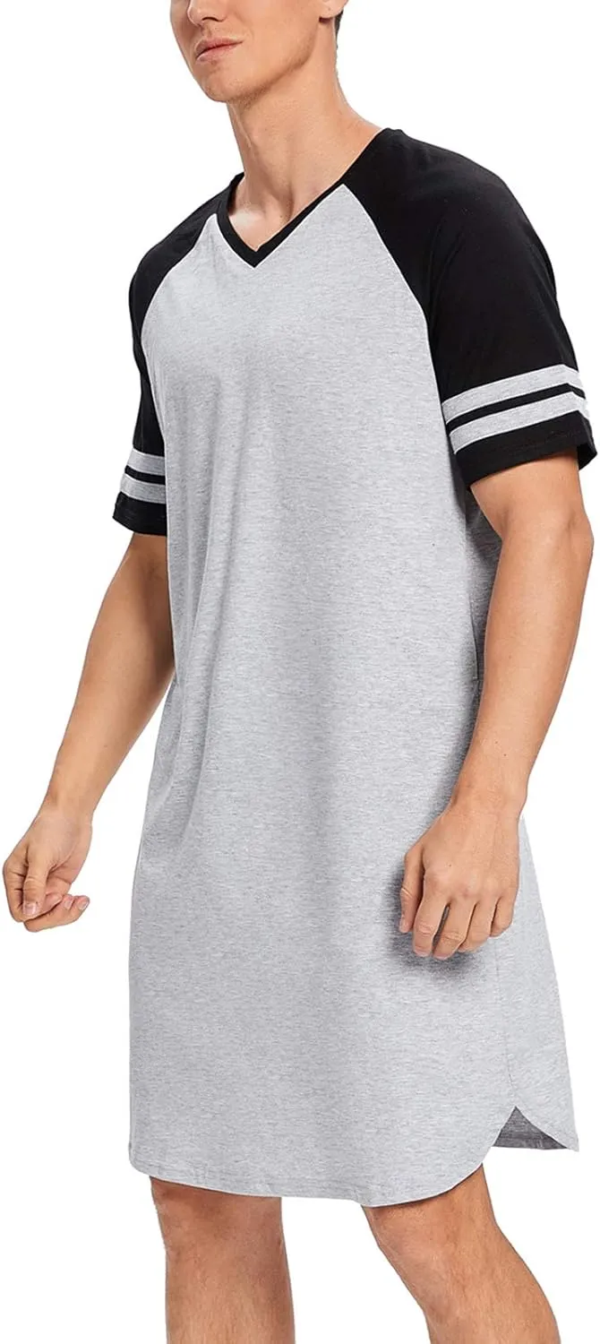 MINTLIMIT Men's Cotton Nightwear Long Night Shirts Short Sleeve Sleepwear Pockets Nightgown Big&Tall Soft Sleep Shirt M-XXXL