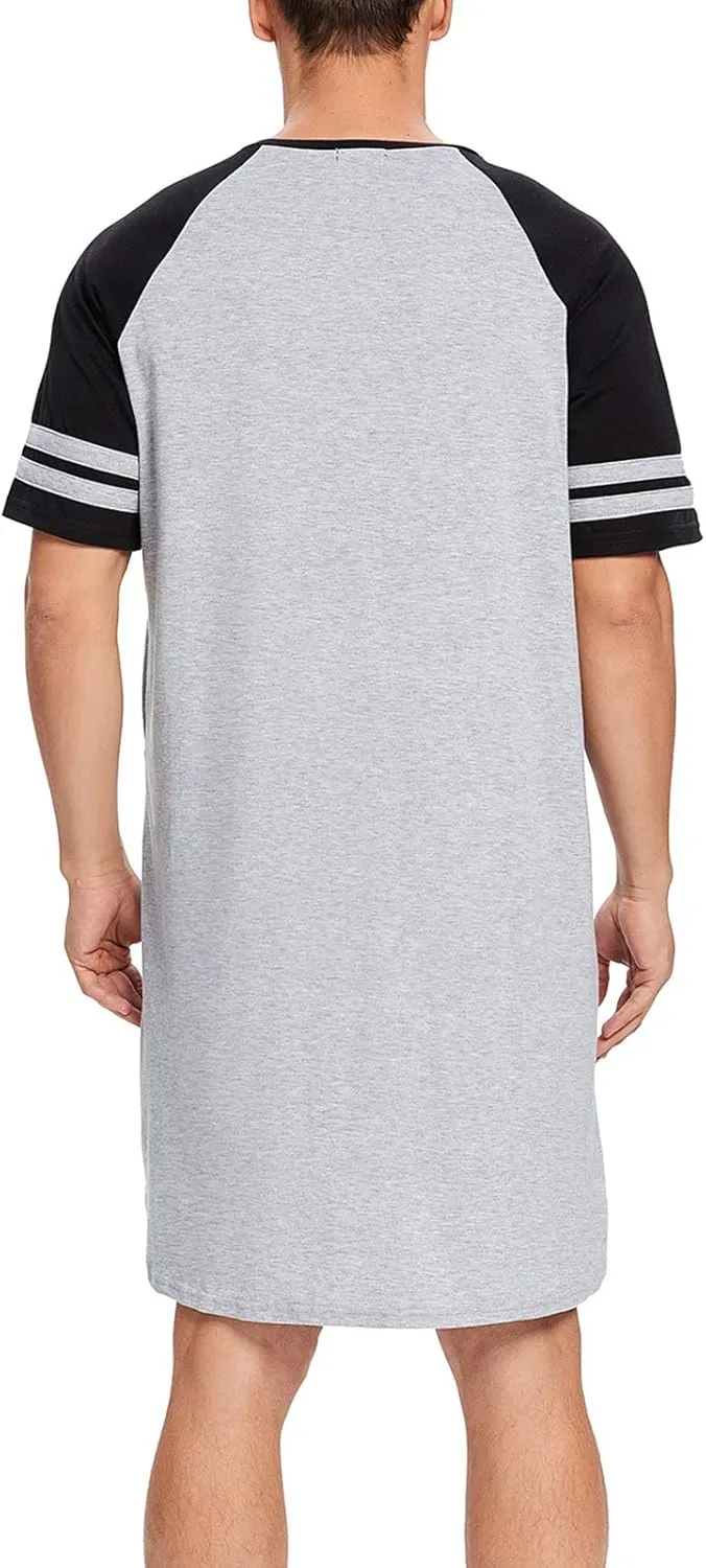 MINTLIMIT Men's Cotton Nightwear Long Night Shirts Short Sleeve Sleepwear Pockets Nightgown Big&Tall Soft Sleep Shirt M-XXXL