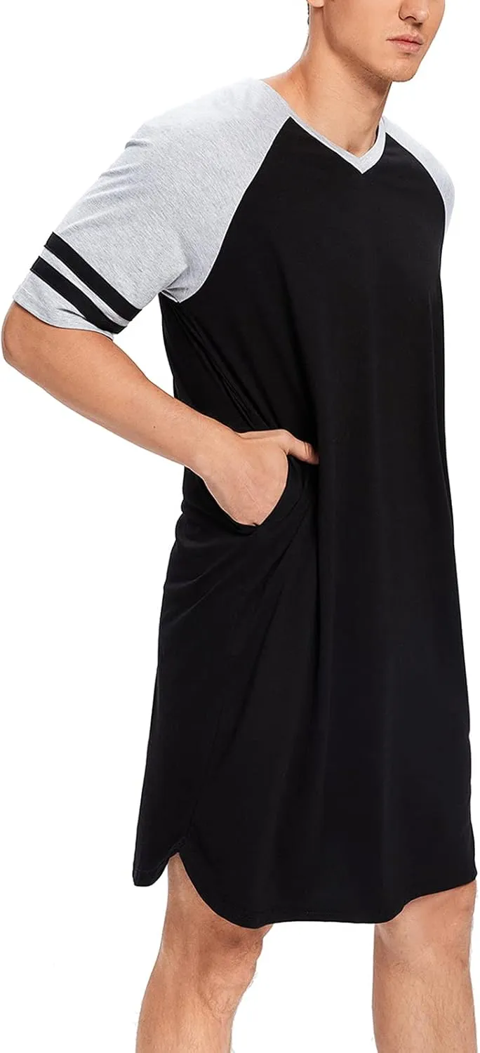 MINTLIMIT Men's Cotton Nightwear Long Night Shirts Short Sleeve Sleepwear Pockets Nightgown Big&Tall Soft Sleep Shirt M-XXXL
