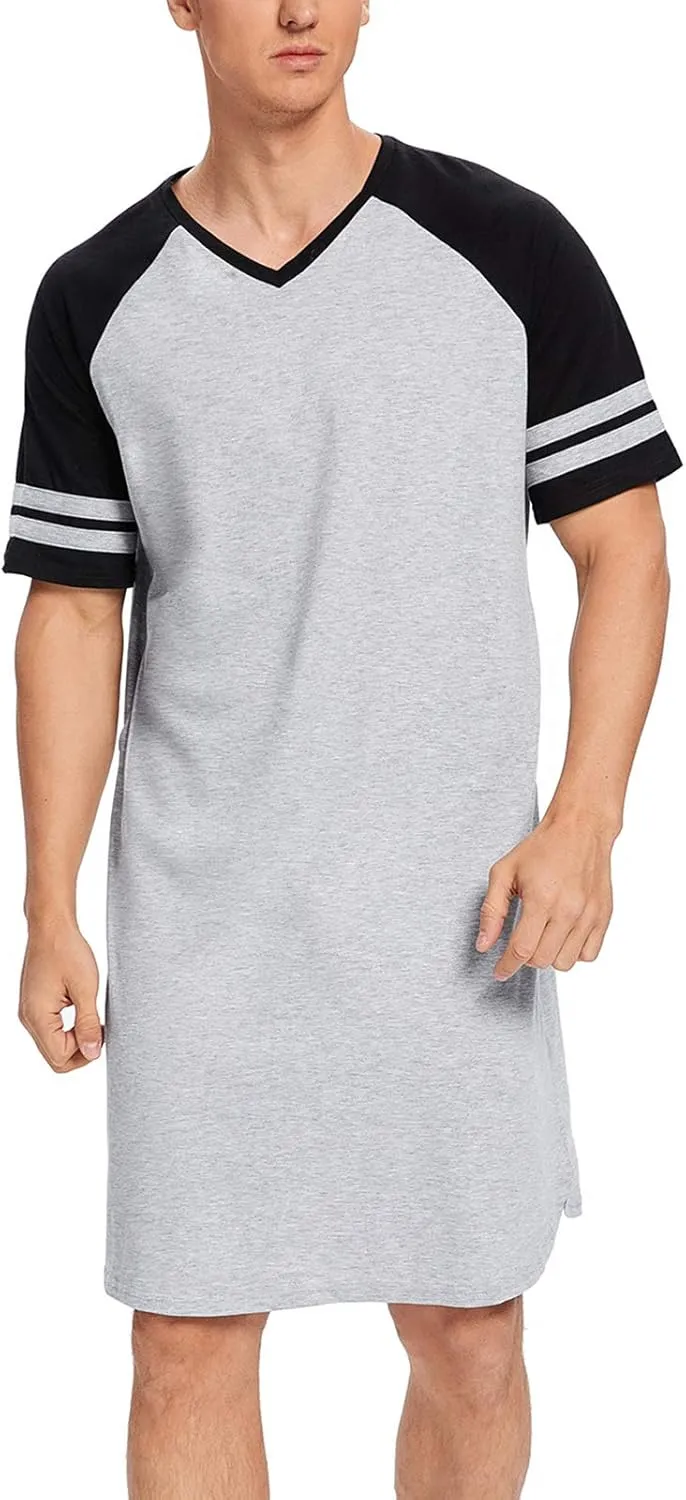 MINTLIMIT Men's Cotton Nightwear Long Night Shirts Short Sleeve Sleepwear Pockets Nightgown Big&Tall Soft Sleep Shirt M-XXXL