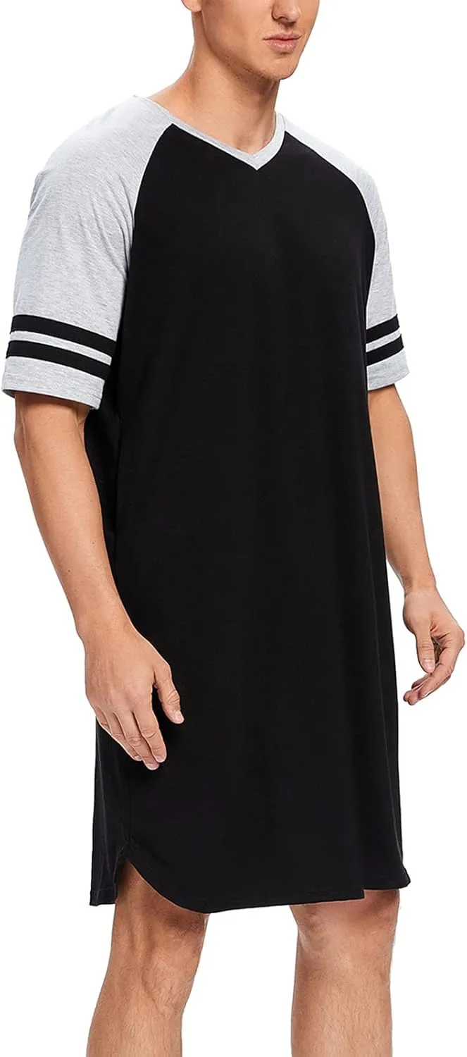 MINTLIMIT Men's Cotton Nightwear Long Night Shirts Short Sleeve Sleepwear Pockets Nightgown Big&Tall Soft Sleep Shirt M-XXXL