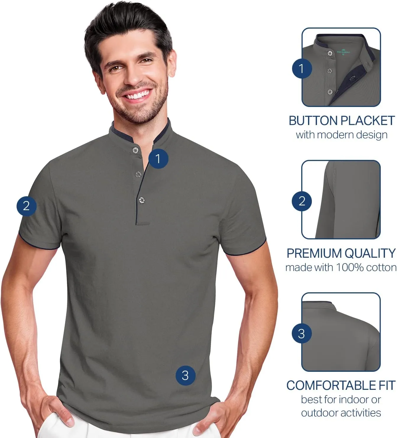 Mio Marino French Collar Henley Polo Shirt for Men – Lightweight - Moisture Wicking – Breathable Fabric