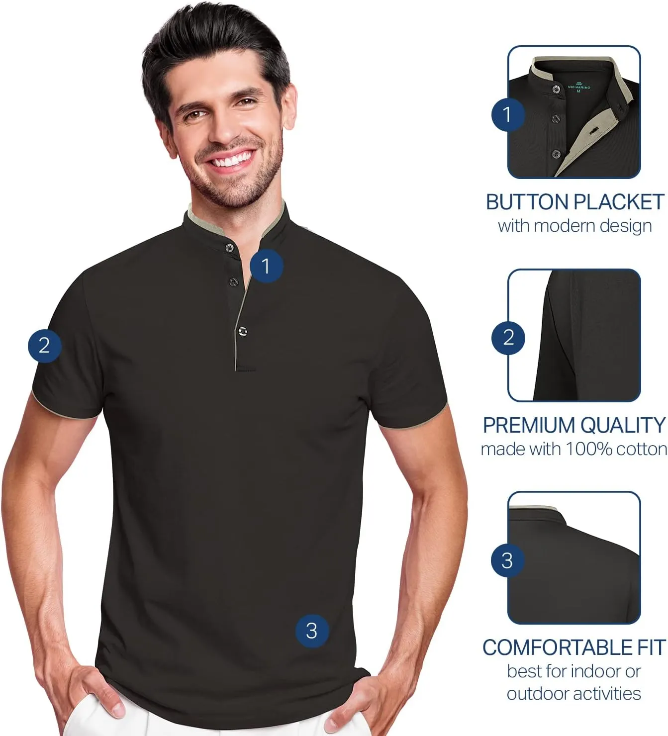 Mio Marino French Collar Henley Polo Shirt for Men – Lightweight - Moisture Wicking – Breathable Fabric