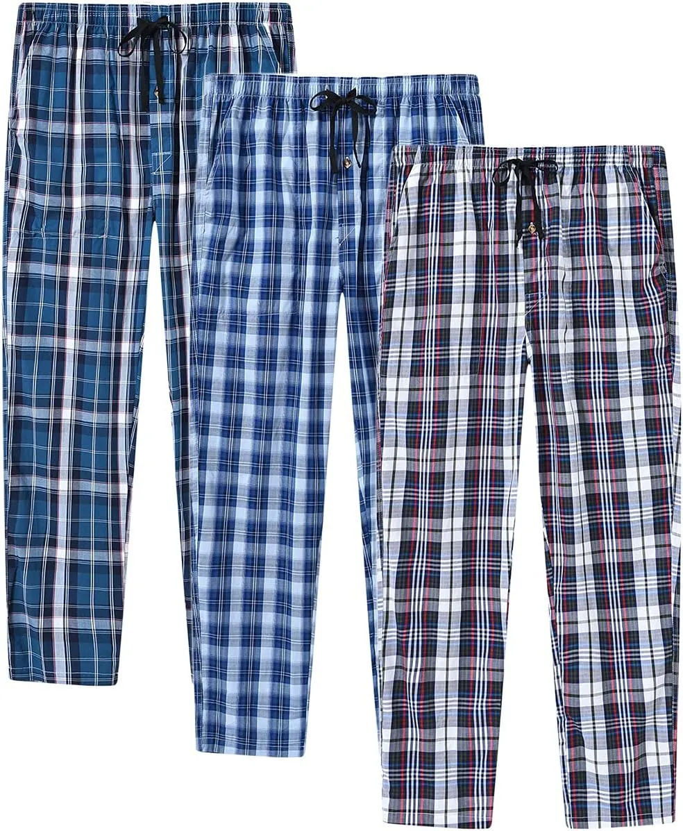 MoFiz Mens Cotton Pajama Pants Lightweight Lounge Sleep Plaid Bottoms with Pockets Drawstring