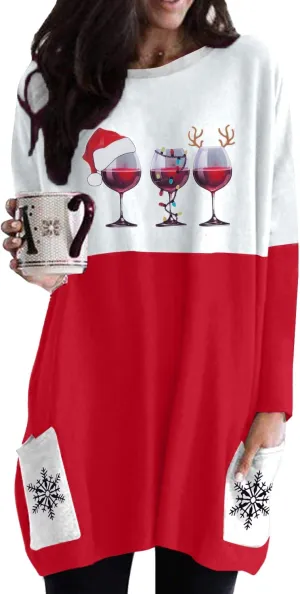 MOUSYA Women Dress Shirt Christmas Long Sleeve Tops Santa Printed Pullover Loose Plus Size T-Shirt Blouse with Pockets