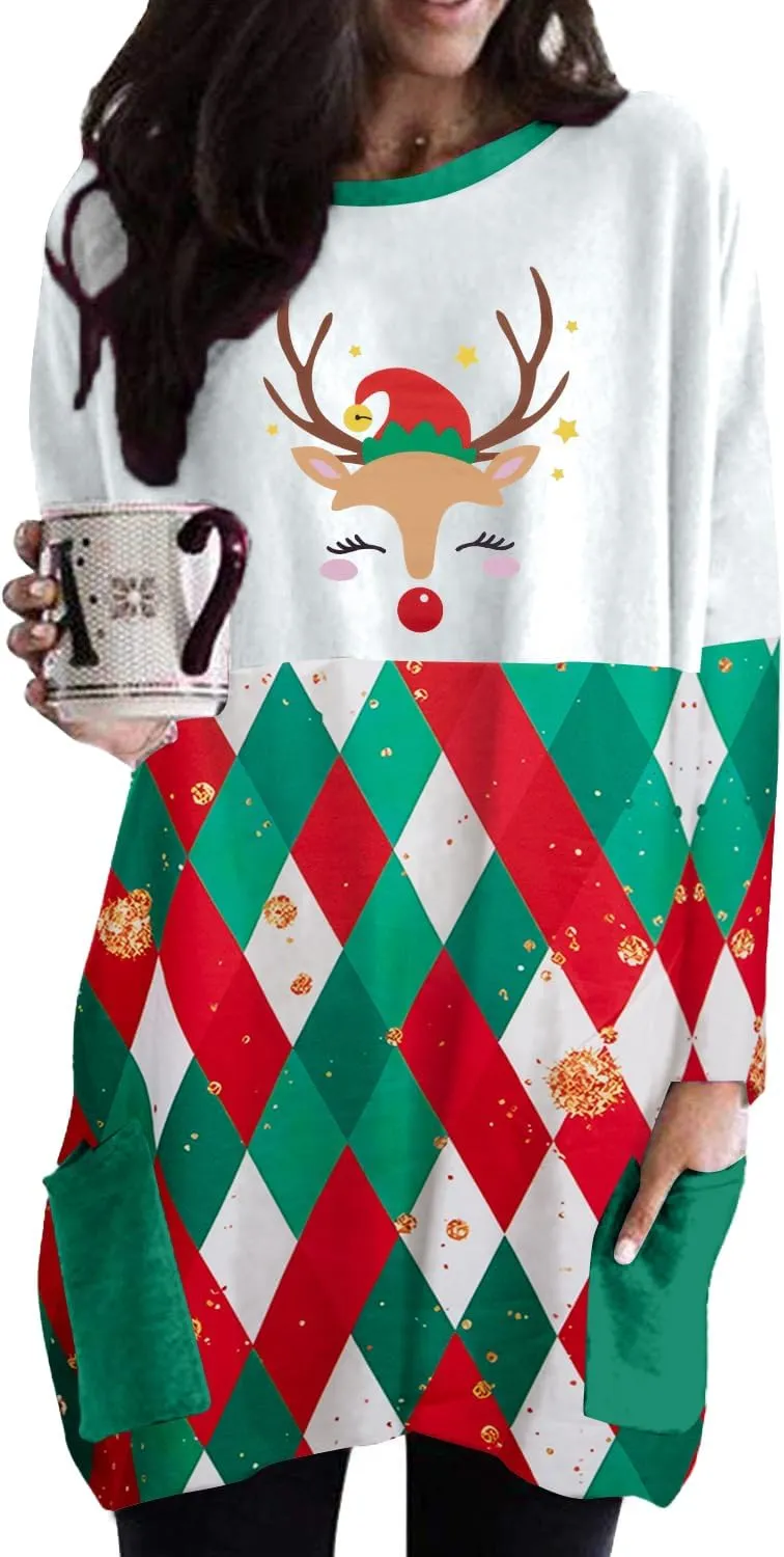 MOUSYA Women Dress Shirt Christmas Long Sleeve Tops Santa Printed Pullover Loose Plus Size T-Shirt Blouse with Pockets