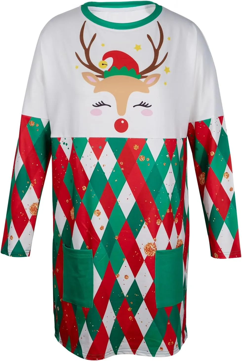 MOUSYA Women Dress Shirt Christmas Long Sleeve Tops Santa Printed Pullover Loose Plus Size T-Shirt Blouse with Pockets