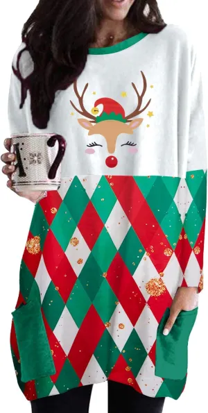 MOUSYA Women Dress Shirt Christmas Long Sleeve Tops Santa Printed Pullover Loose Plus Size T-Shirt Blouse with Pockets