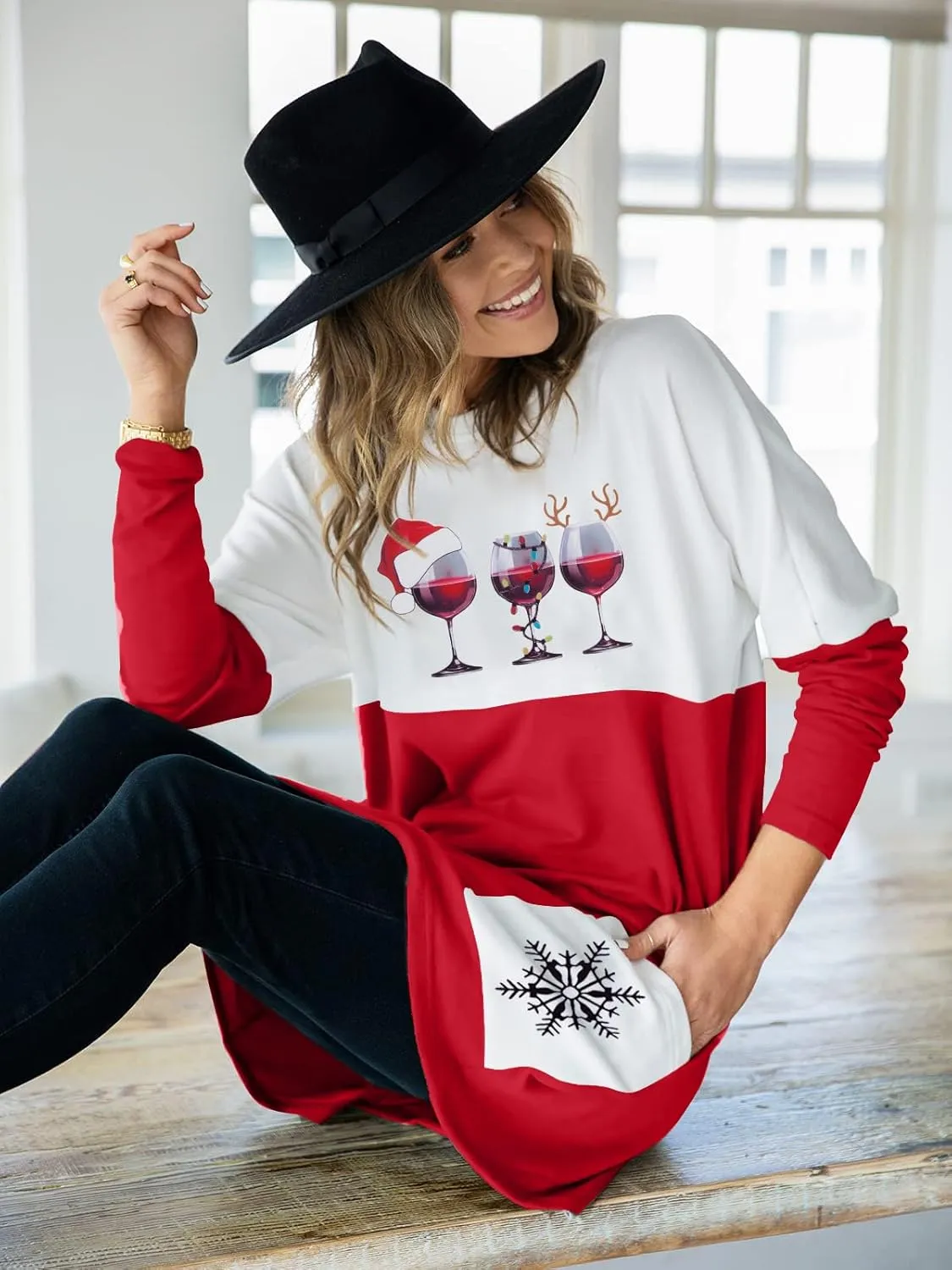 MOUSYA Women Dress Shirt Christmas Long Sleeve Tops Santa Printed Pullover Loose Plus Size T-Shirt Blouse with Pockets