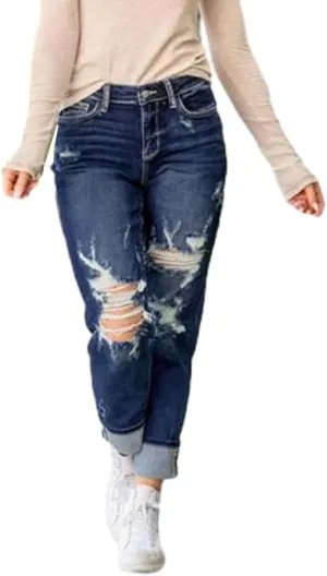 Mypeachd Jeans, Mypeachd Pants, Stretch High Waisted Tummy Control Distressed Cuffed Boyfriend Jeans for Women