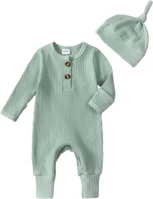 Neutral Baby Clothes Newborn Girl Boy Coming Home From Hospital Outfit Cute Ribbed Knit One-piece Romper Jumpsuit Hat