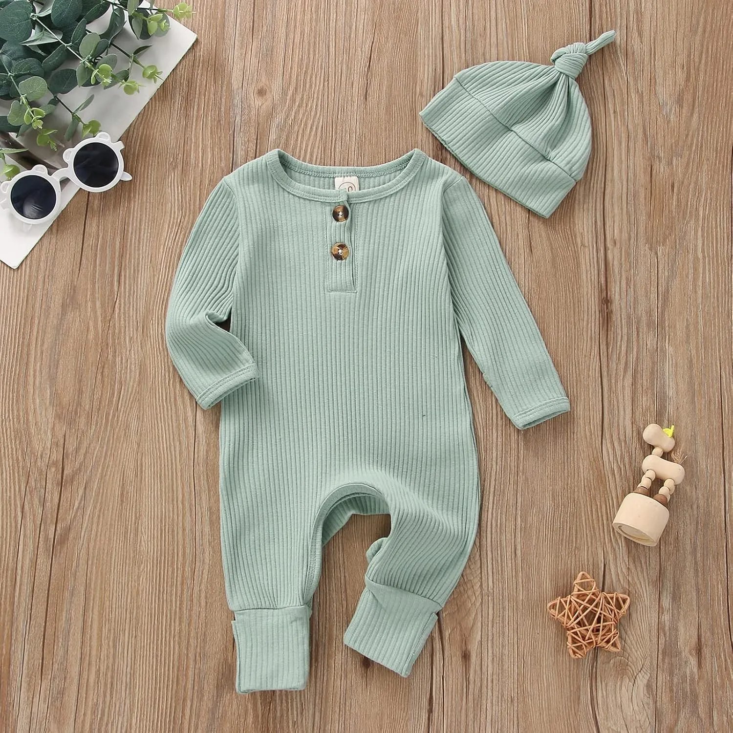 Neutral Baby Clothes Newborn Girl Boy Coming Home From Hospital Outfit Cute Ribbed Knit One-piece Romper Jumpsuit Hat