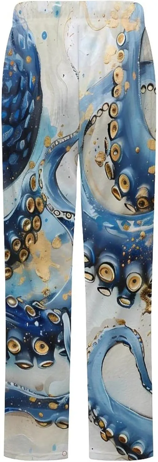 Octopus Blue And Gold Women's Pajama Pants Fleece Warm Pj Bottoms Sleepwear Lounge Pants Loungewear