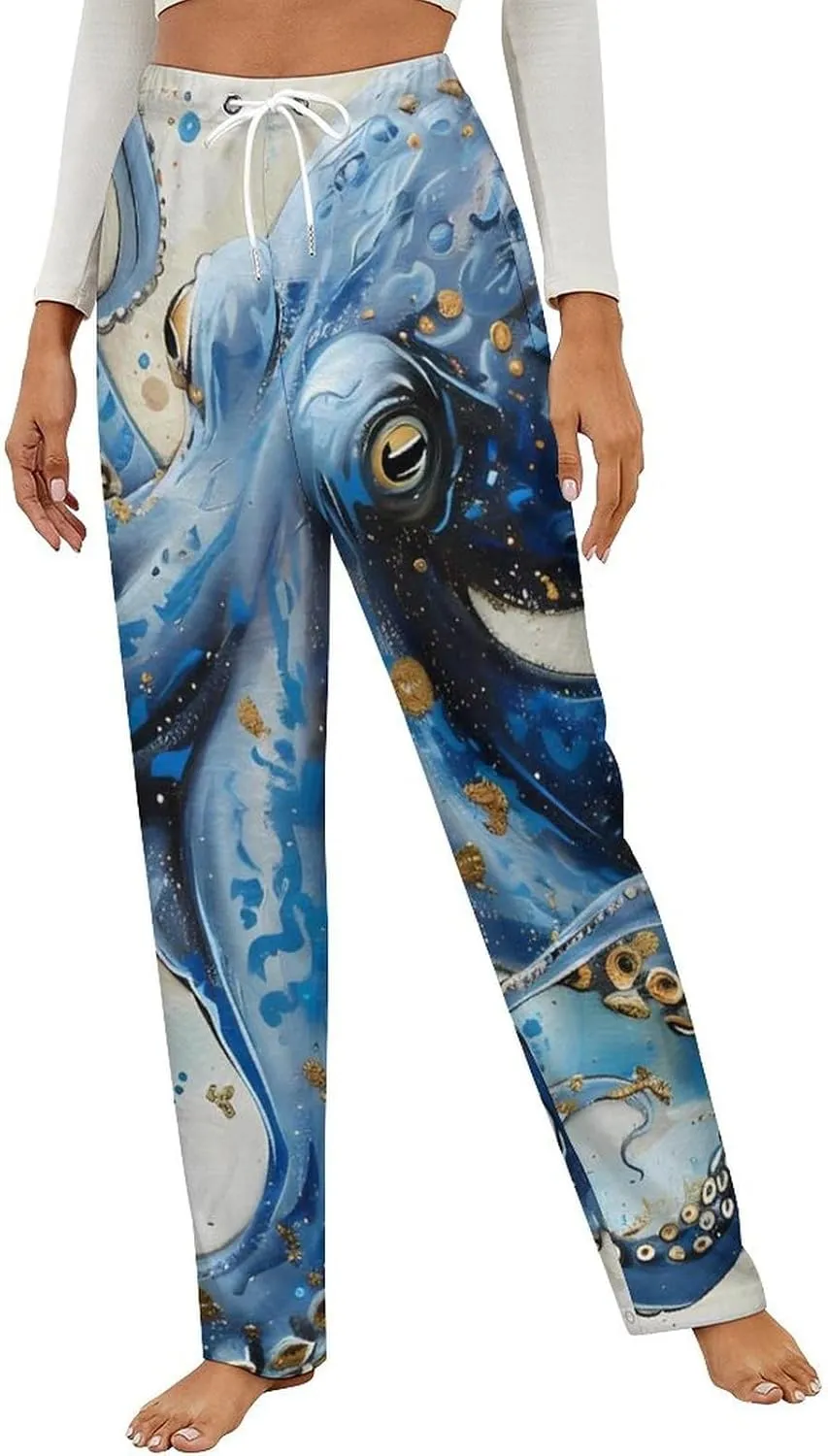 Octopus Blue And Gold Women's Pajama Pants Fleece Warm Pj Bottoms Sleepwear Lounge Pants Loungewear