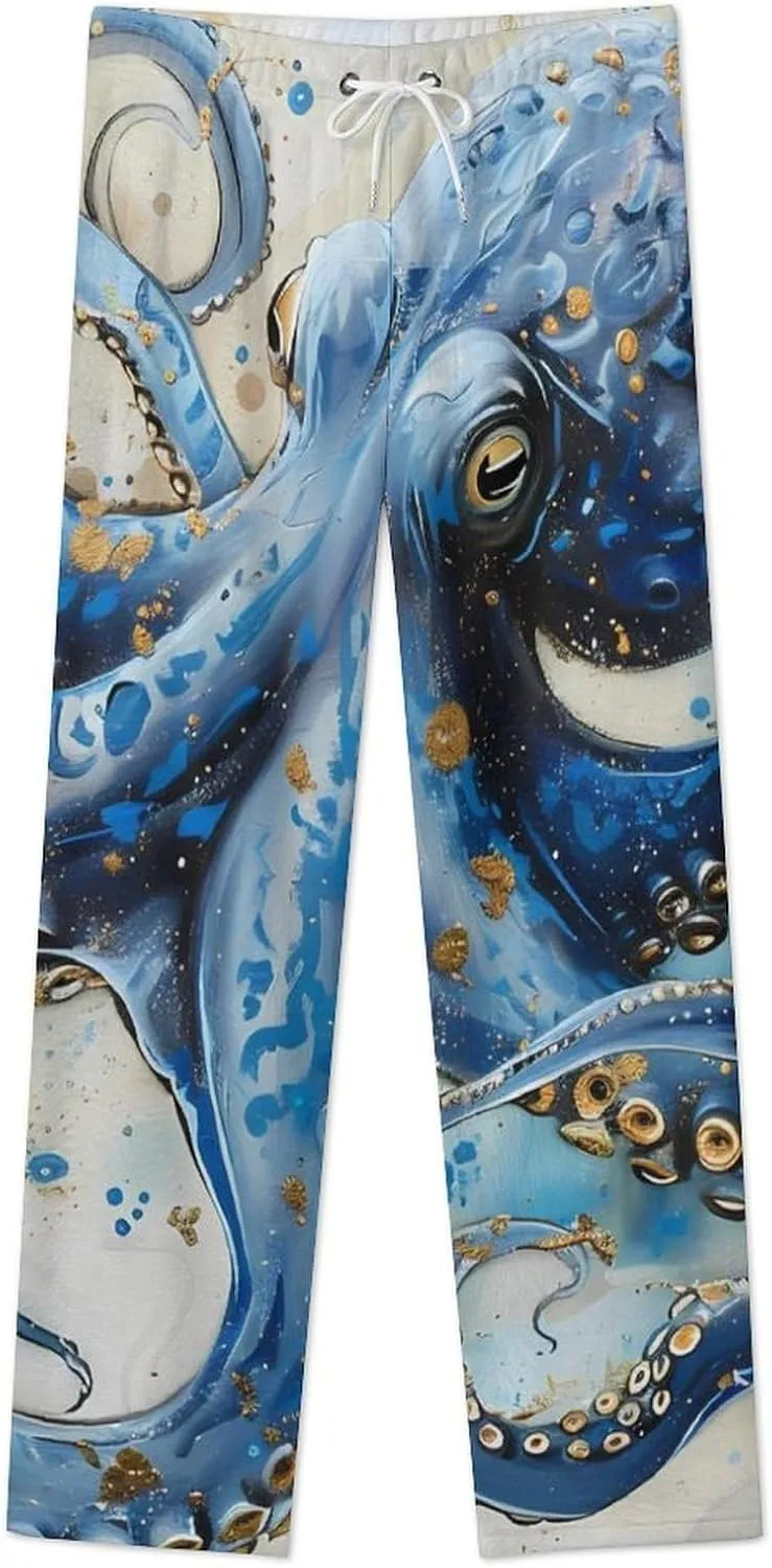 Octopus Blue And Gold Women's Pajama Pants Fleece Warm Pj Bottoms Sleepwear Lounge Pants Loungewear