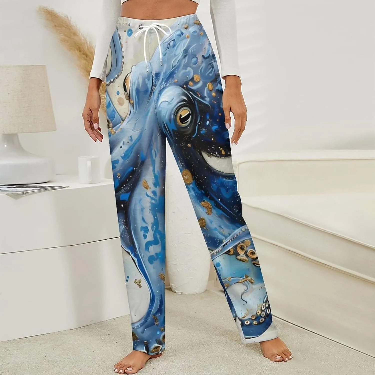 Octopus Blue And Gold Women's Pajama Pants Fleece Warm Pj Bottoms Sleepwear Lounge Pants Loungewear