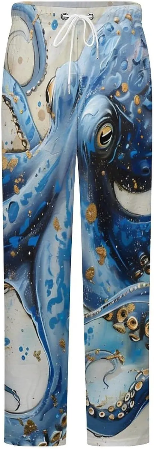 Octopus Blue And Gold Women's Pajama Pants Fleece Warm Pj Bottoms Sleepwear Lounge Pants Loungewear