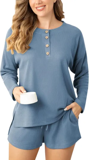 Pajamas Set for Women Waffle Knit Lounge Set Long Sleeve Top and Shorts Matching Lounge Set Loungewear Sweatsuit Set