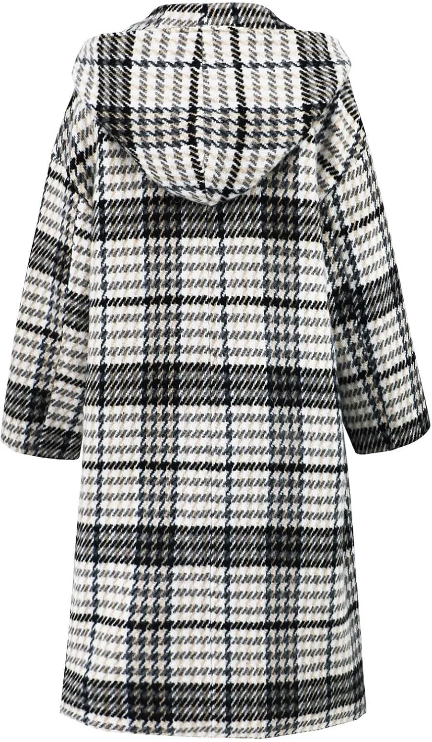 Pea Coat for Women Plaid Wool Jacket Hooded Winter Coat Double-Breasted Long Trench Coat Open Front Cardigan Overcoat