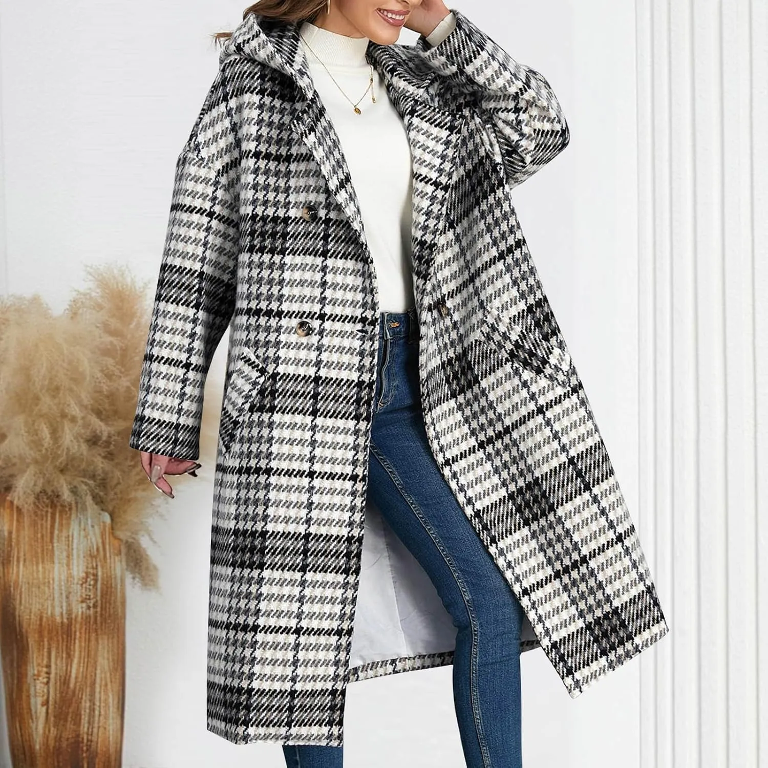 Pea Coat for Women Plaid Wool Jacket Hooded Winter Coat Double-Breasted Long Trench Coat Open Front Cardigan Overcoat