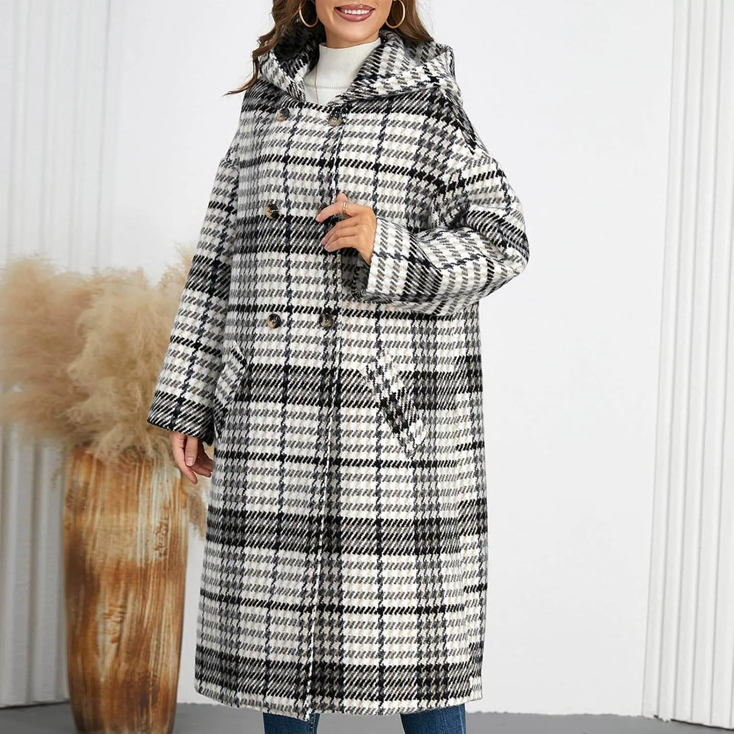 Pea Coat for Women Plaid Wool Jacket Hooded Winter Coat Double-Breasted Long Trench Coat Open Front Cardigan Overcoat