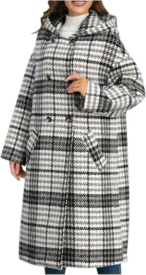 Pea Coat for Women Plaid Wool Jacket Hooded Winter Coat Double-Breasted Long Trench Coat Open Front Cardigan Overcoat