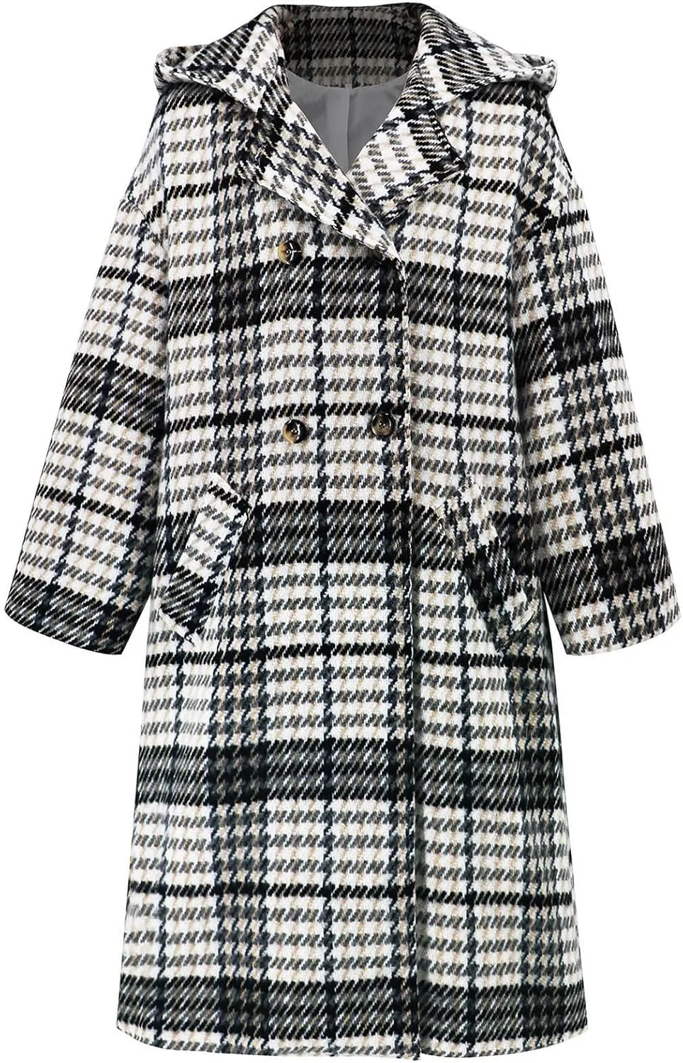 Pea Coat for Women Plaid Wool Jacket Hooded Winter Coat Double-Breasted Long Trench Coat Open Front Cardigan Overcoat
