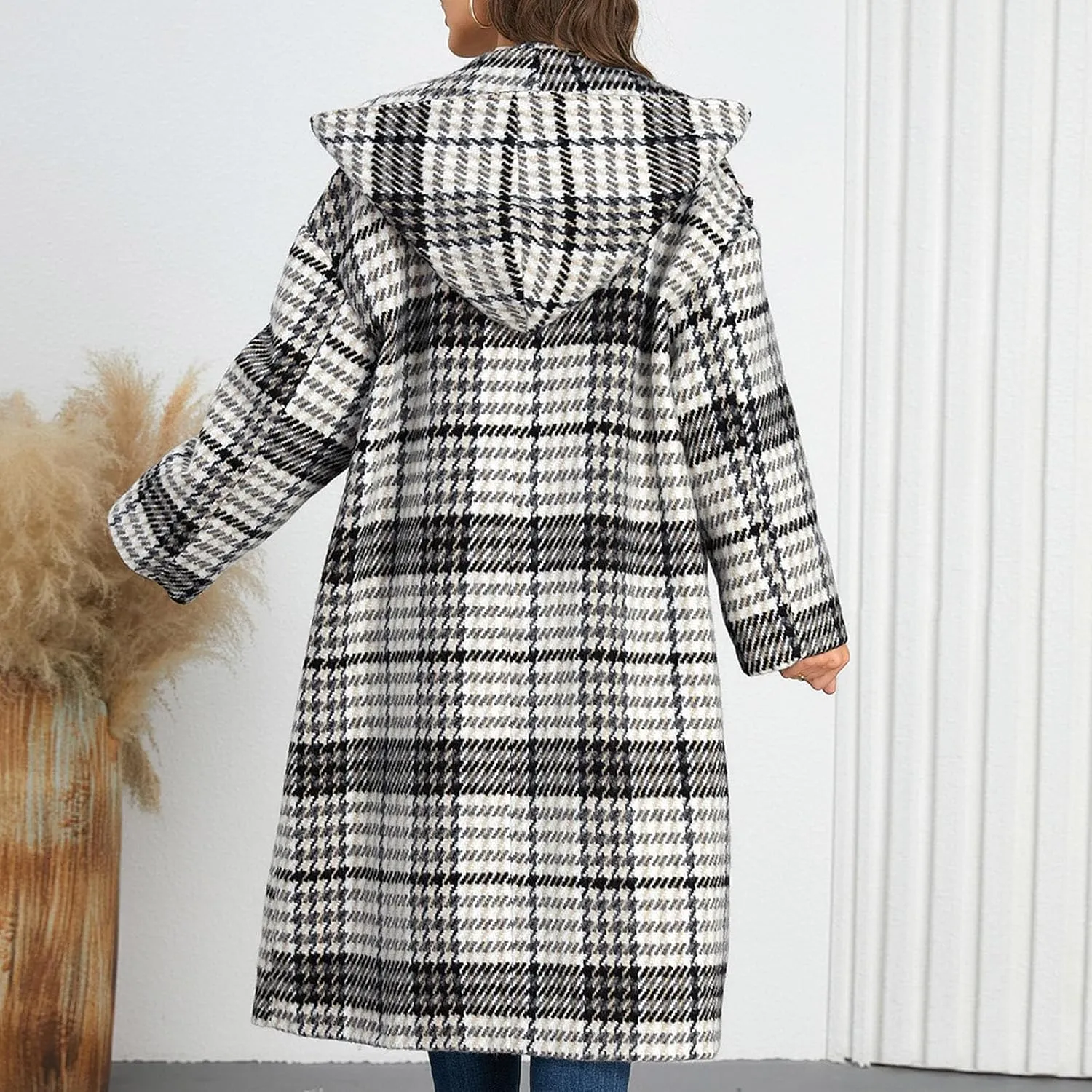 Pea Coat for Women Plaid Wool Jacket Hooded Winter Coat Double-Breasted Long Trench Coat Open Front Cardigan Overcoat