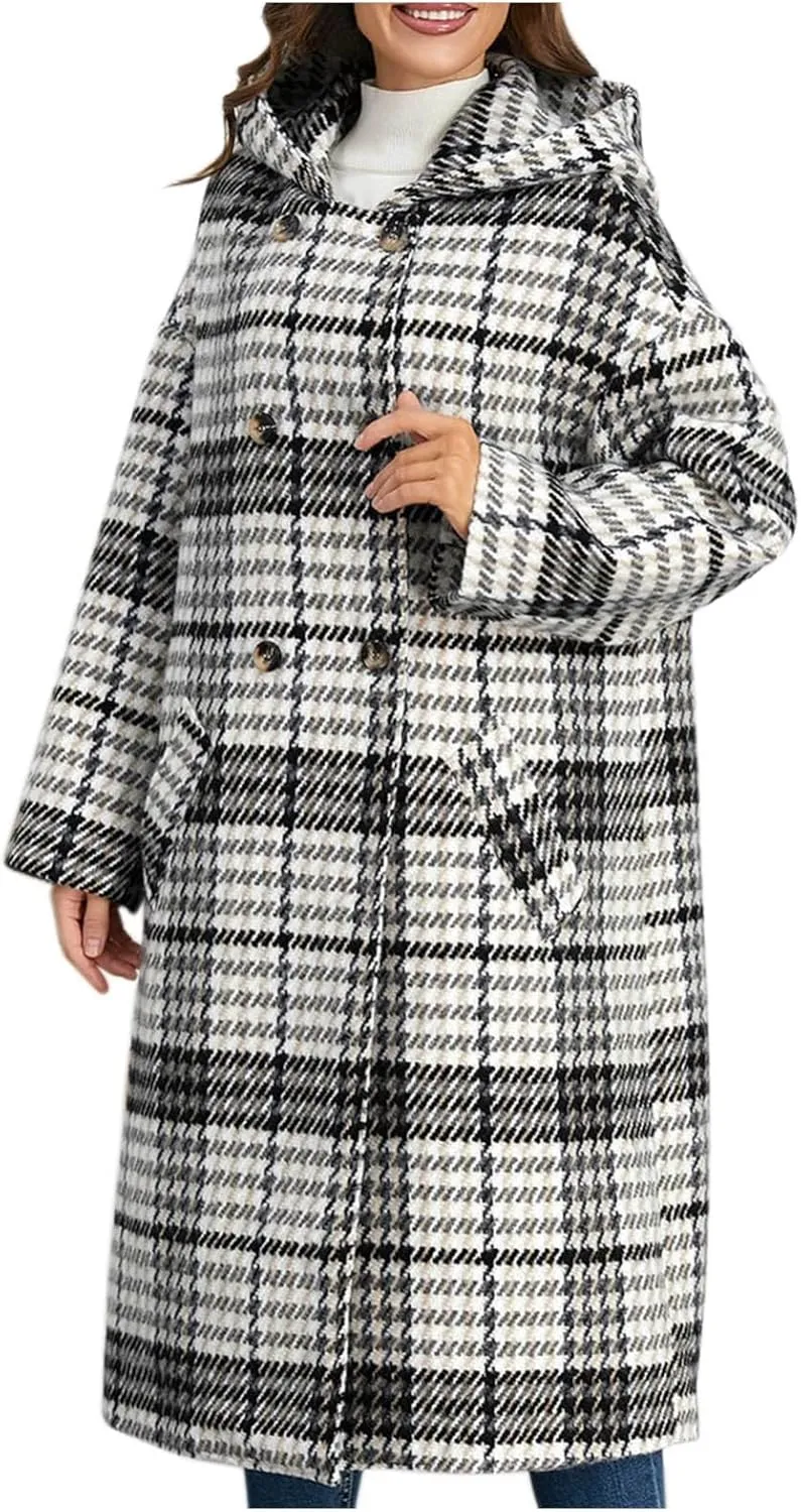 Pea Coat for Women Plaid Wool Jacket Hooded Winter Coat Double-Breasted Long Trench Coat Open Front Cardigan Overcoat