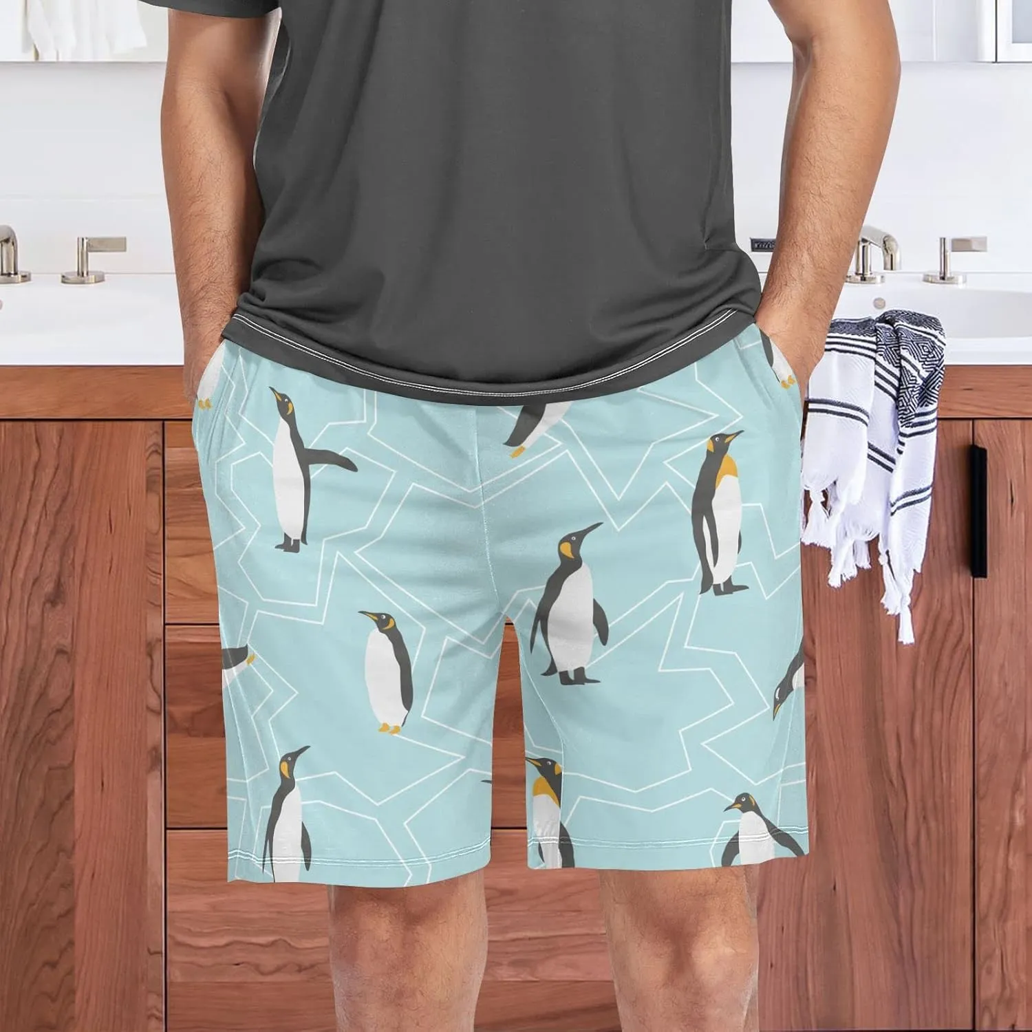 Penguin And Ice Pattern Men's Pajama Pants Shorts Sleepwear Lounge Pajama Bottoms