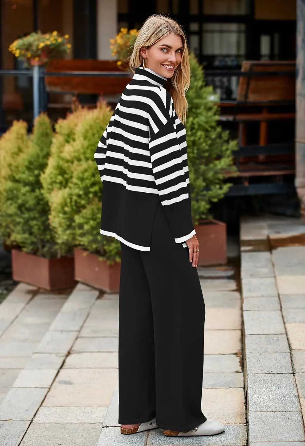Pink Queen Lounge Sets For Women Two Pieces Long Sleeve Striped Sweater and Wide Leg Pants Tracksuit