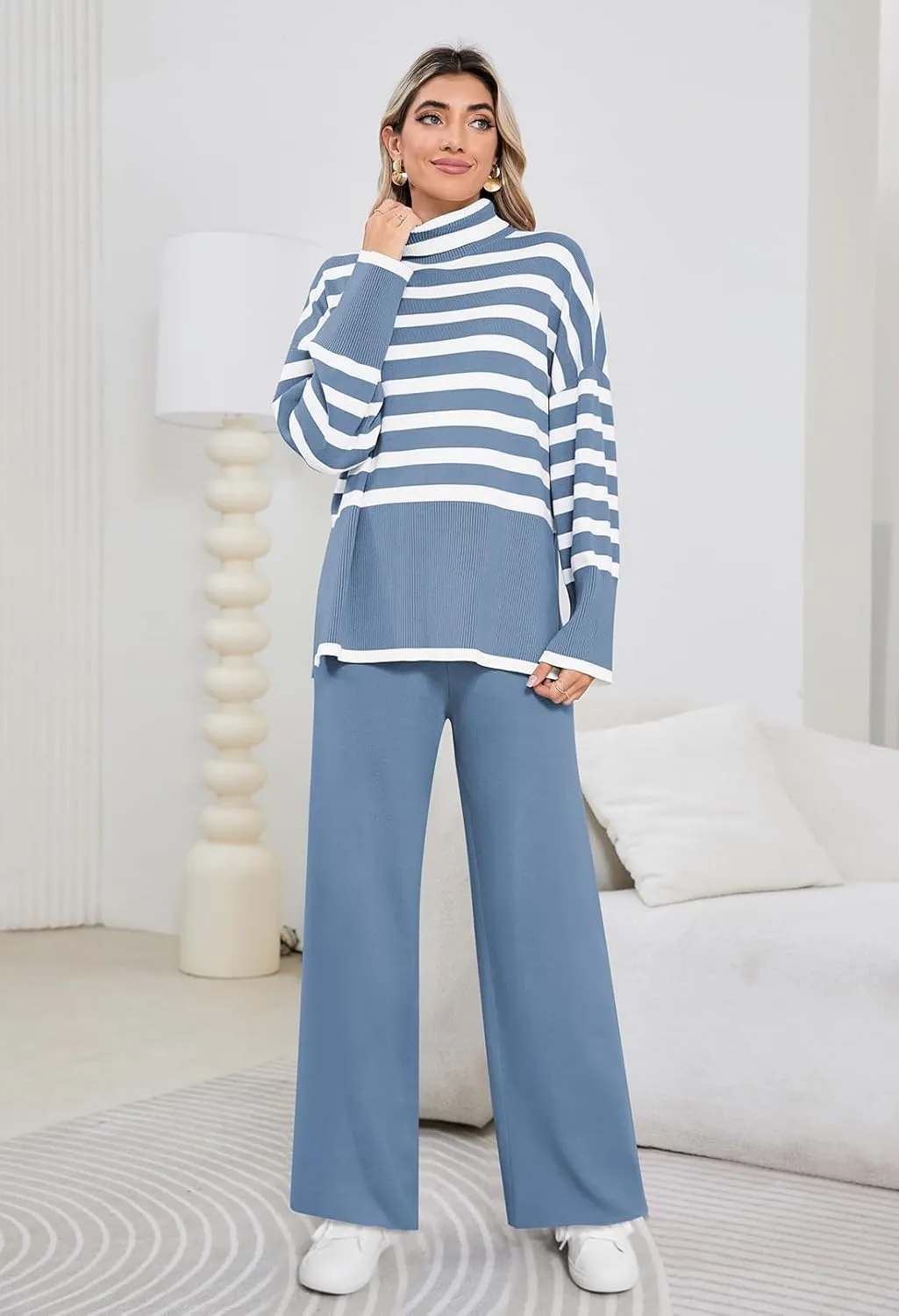 Pink Queen Lounge Sets For Women Two Pieces Long Sleeve Striped Sweater and Wide Leg Pants Tracksuit