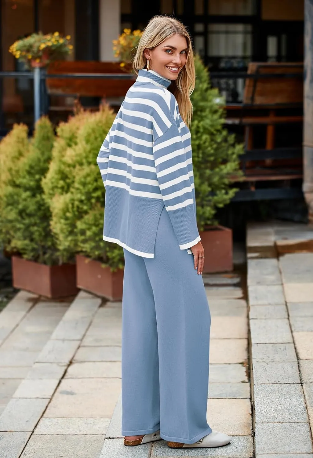 Pink Queen Lounge Sets For Women Two Pieces Long Sleeve Striped Sweater and Wide Leg Pants Tracksuit