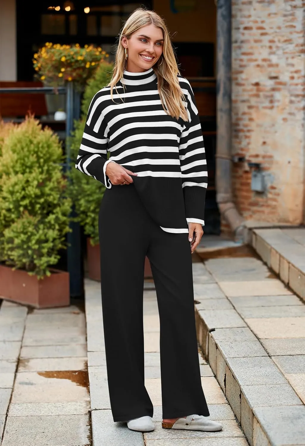 Pink Queen Lounge Sets For Women Two Pieces Long Sleeve Striped Sweater and Wide Leg Pants Tracksuit