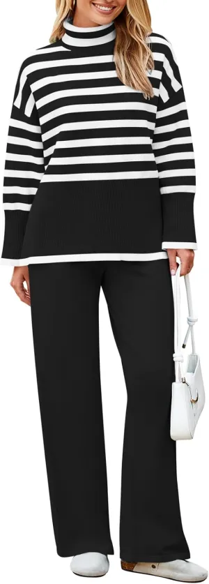 Pink Queen Lounge Sets For Women Two Pieces Long Sleeve Striped Sweater and Wide Leg Pants Tracksuit