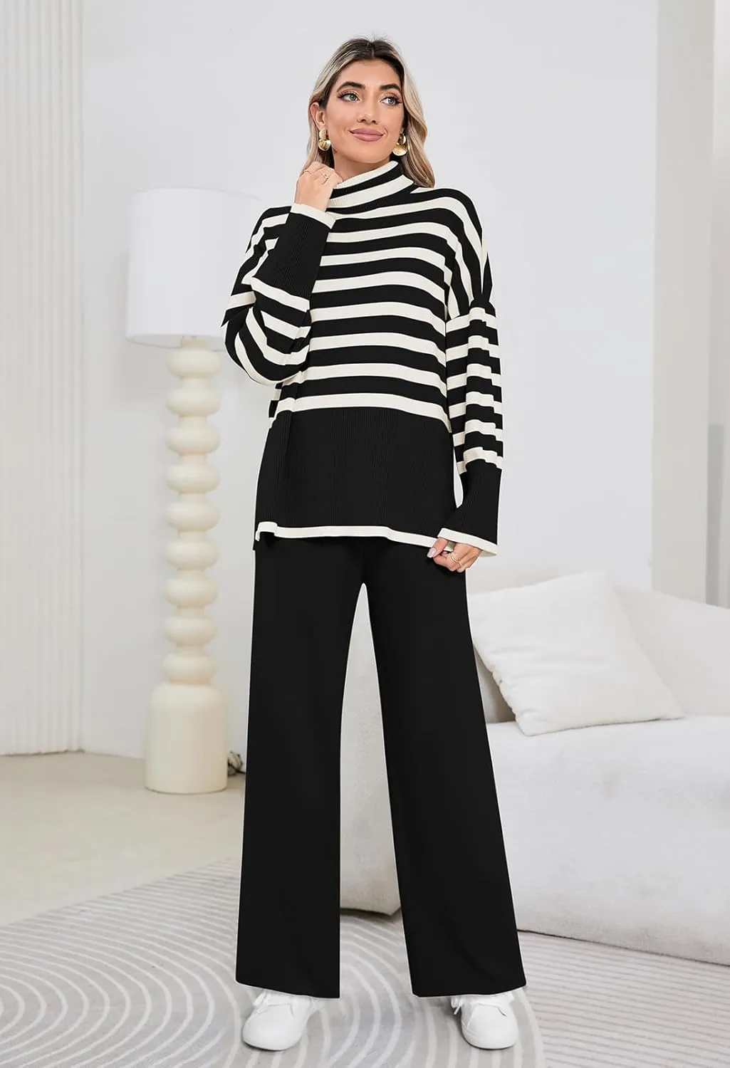 Pink Queen Lounge Sets For Women Two Pieces Long Sleeve Striped Sweater and Wide Leg Pants Tracksuit
