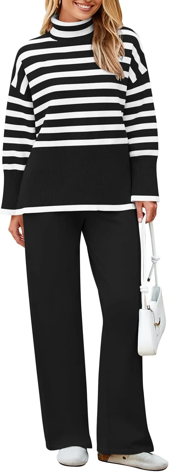 Pink Queen Lounge Sets For Women Two Pieces Long Sleeve Striped Sweater and Wide Leg Pants Tracksuit