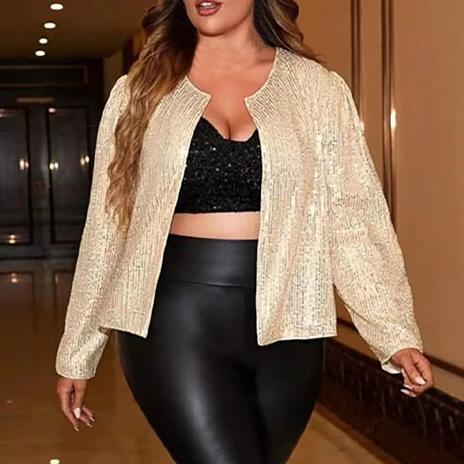 Plus Size Sequin Jacket Women Fashion Sparkle Cardigan Coat Long Sleeve Glitter Jackets Sparkly Blazer for Party