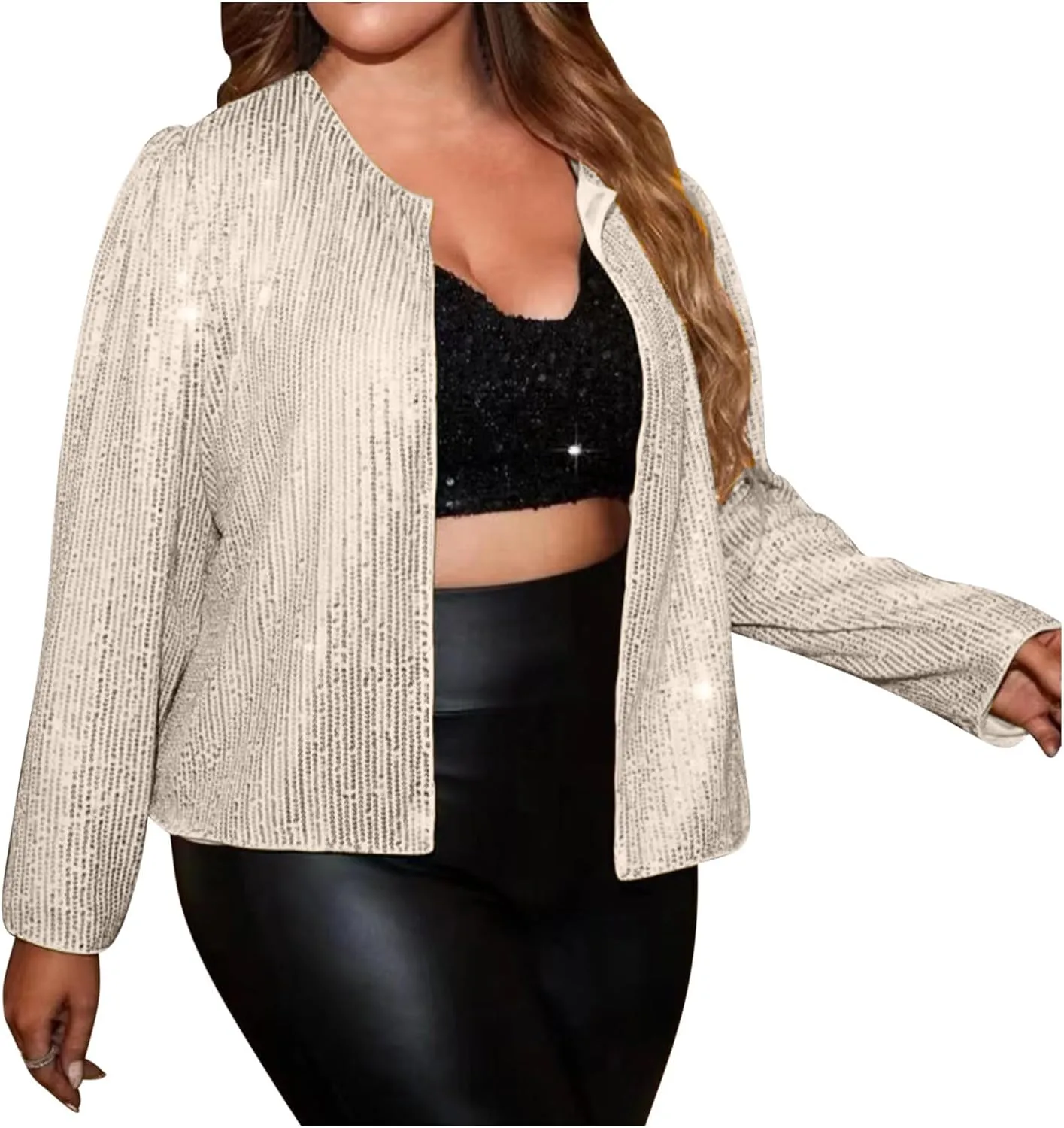 Plus Size Sequin Jacket Women Fashion Sparkle Cardigan Coat Long Sleeve Glitter Jackets Sparkly Blazer for Party