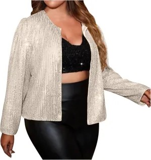 Plus Size Sequin Jacket Women Fashion Sparkle Cardigan Coat Long Sleeve Glitter Jackets Sparkly Blazer for Party