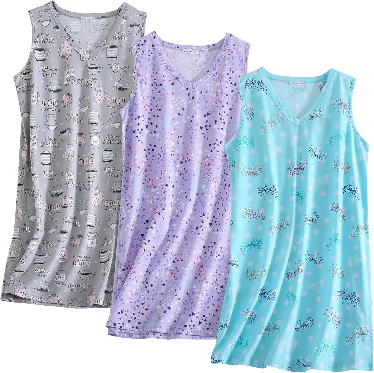 PNAEONG 3 Pack Womens Cotton Nightgown V Neck Nightshirts Sleeveless Sleepwear Casual Print Sleepdress