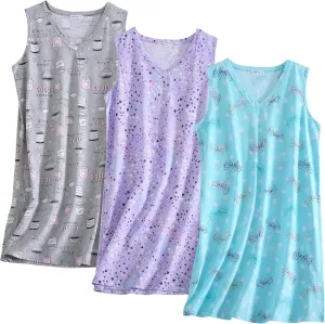 PNAEONG 3 Pack Womens Cotton Nightgown V Neck Nightshirts Sleeveless Sleepwear Casual Print Sleepdress