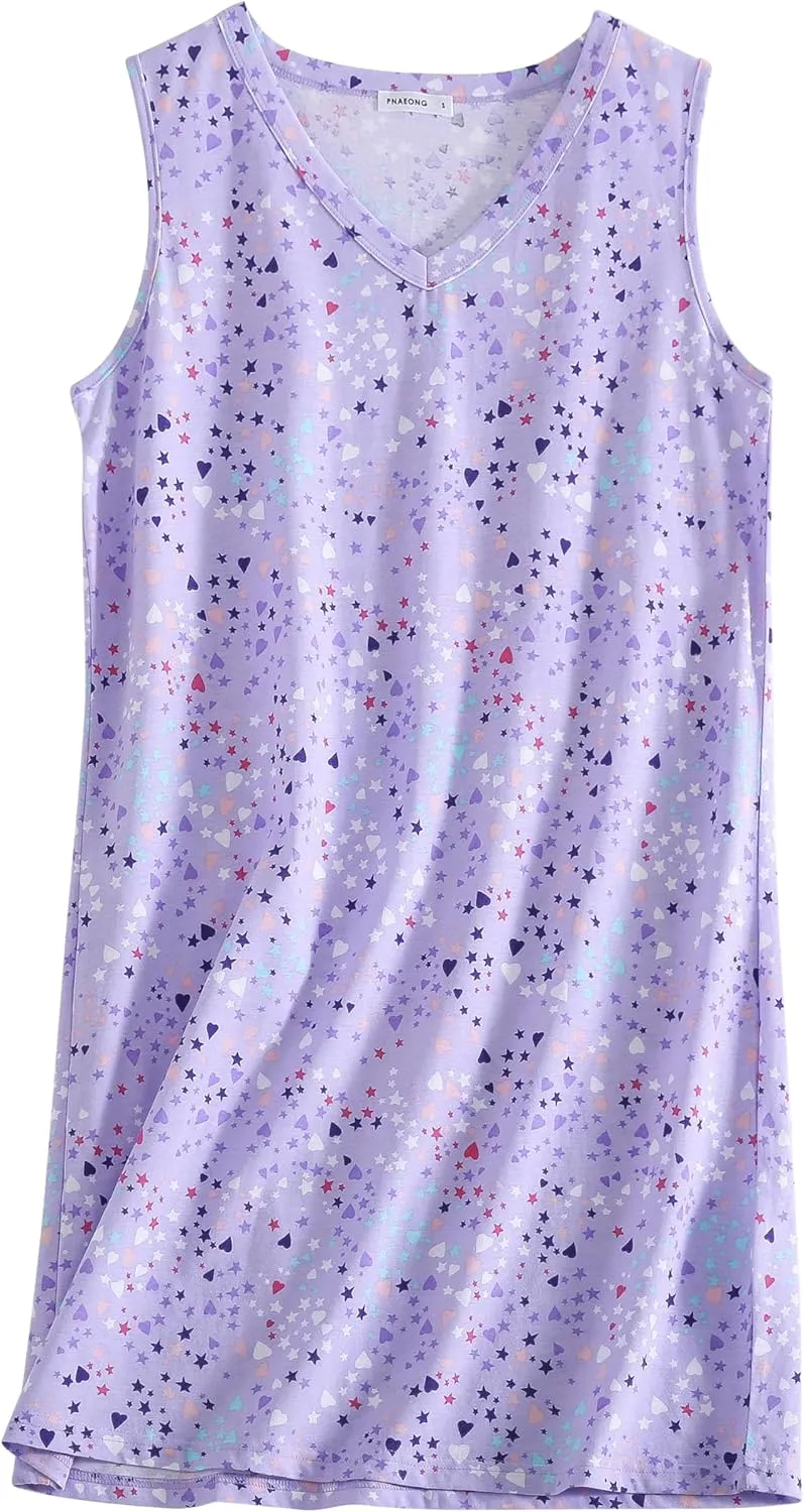 PNAEONG 3 Pack Womens Cotton Nightgown V Neck Nightshirts Sleeveless Sleepwear Casual Print Sleepdress