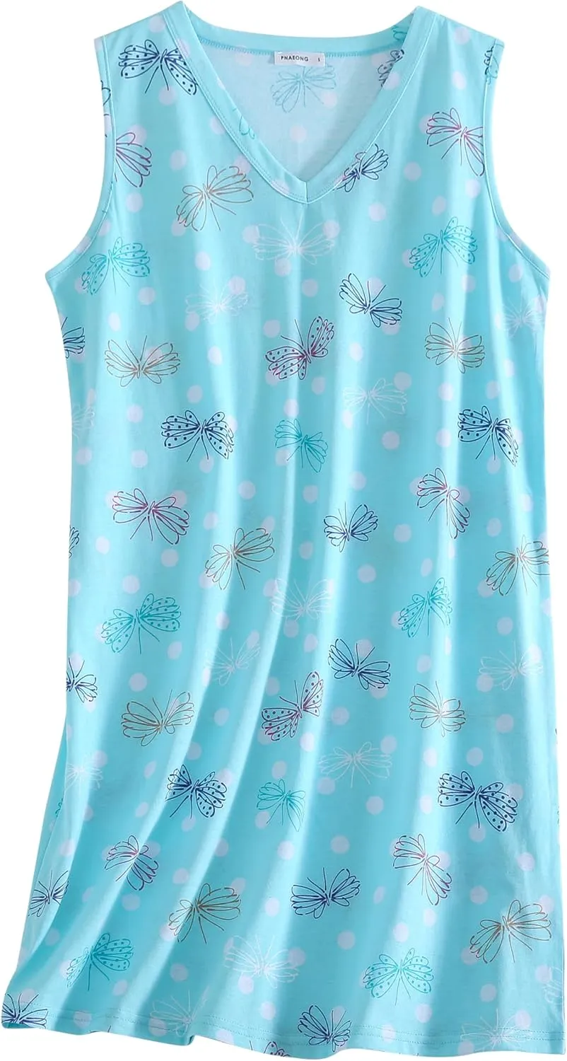 PNAEONG 3 Pack Womens Cotton Nightgown V Neck Nightshirts Sleeveless Sleepwear Casual Print Sleepdress
