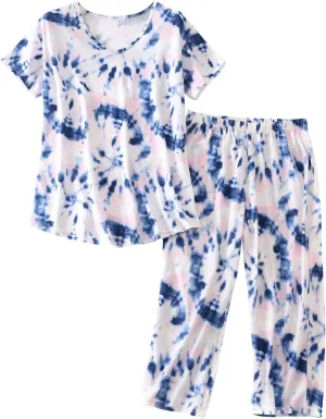 PNAEONG Women Pajama Set Sleepwear Tops with Capri Pants Casual and Fun Prints Pajama Sets