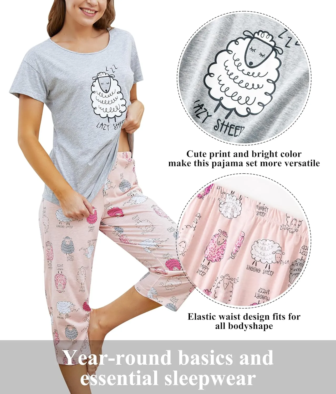 PNAEONG Women Pajama Set Sleepwear Tops with Capri Pants Casual and Fun Prints Pajama Sets